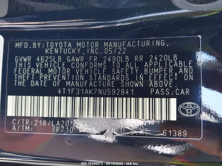 2022 Toyota Camry Xle Hybrid VIN: 4T1F31AK7NU592841 Lot: 39396072