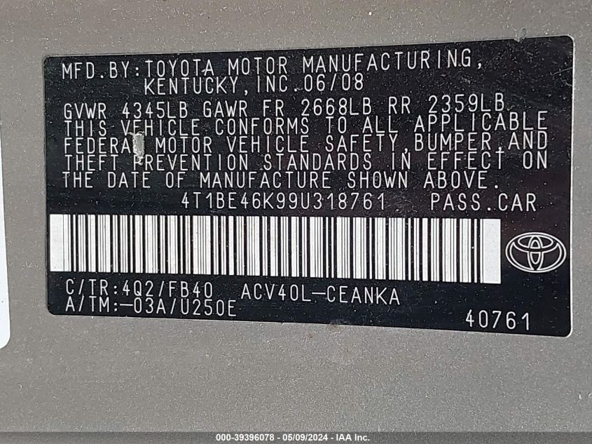 2009 Toyota Camry VIN: 4T1BE46K99U318761 Lot: 39396078