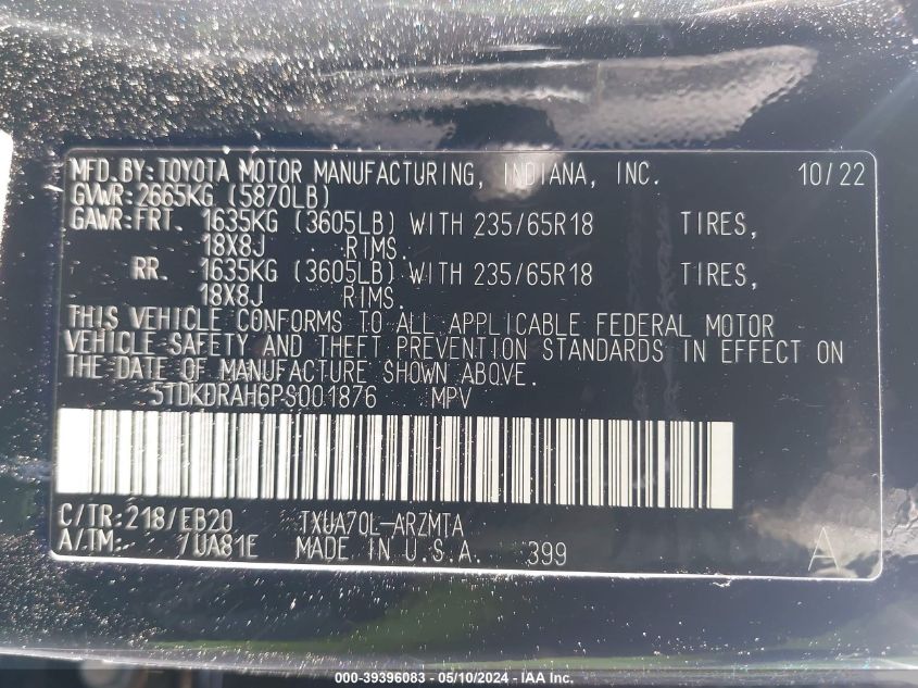 2023 Toyota Highlander Xle VIN: 5TDKDRAH6PS001876 Lot: 39396083