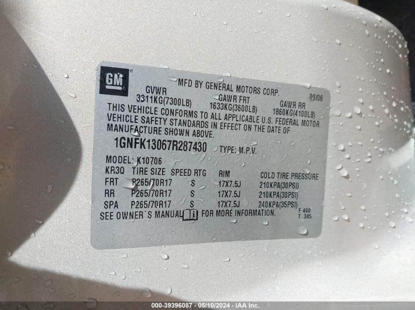 2007 Chevrolet Tahoe Lt VIN: 1GNFK13067R287430 Lot: 39396087