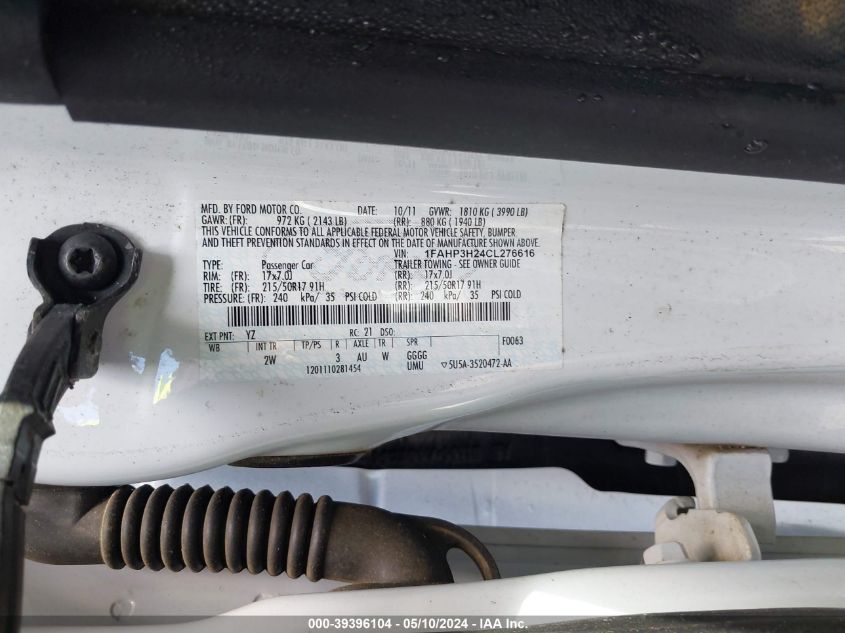 2012 Ford Focus Sel VIN: 1FAHP3H24CL276616 Lot: 39396104