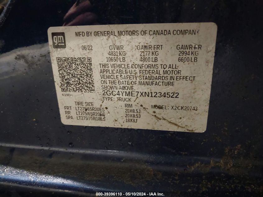 2022 Chevrolet Silverado 2500Hd 4Wd Standard Bed Custom VIN: 2GC4YME7XN1234522 Lot: 39396110