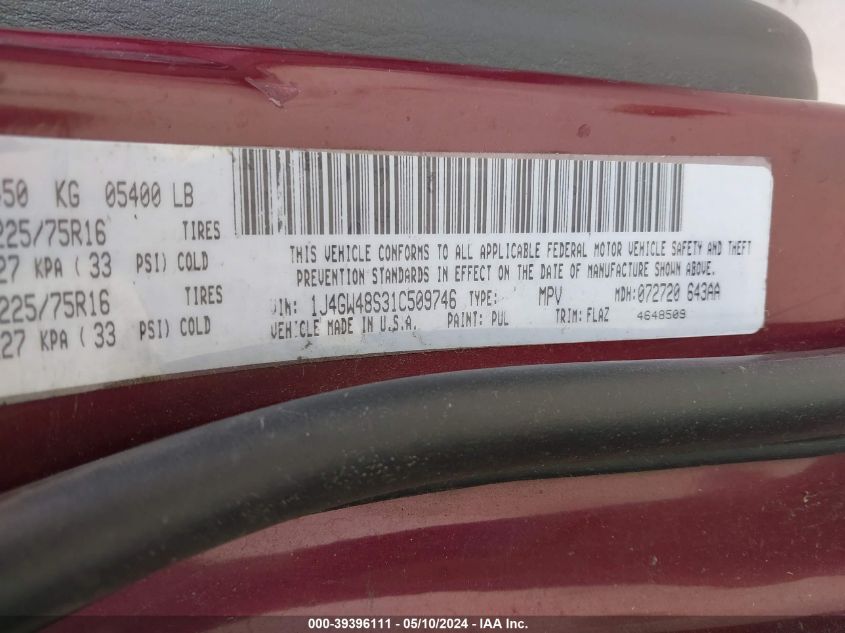 2001 Jeep Grand Cherokee Laredo VIN: 1J4GW48S31C509746 Lot: 39396111