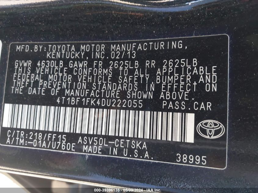 2013 Toyota Camry Se VIN: 4T1BF1FK4DU222055 Lot: 39396135