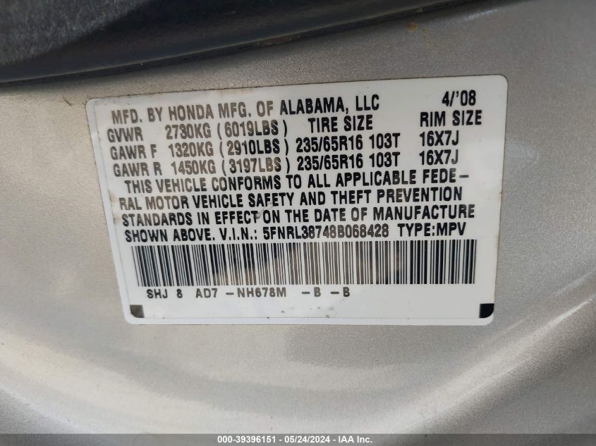 2008 Honda Odyssey Ex-L VIN: 5FNRL38748B068428 Lot: 39396151