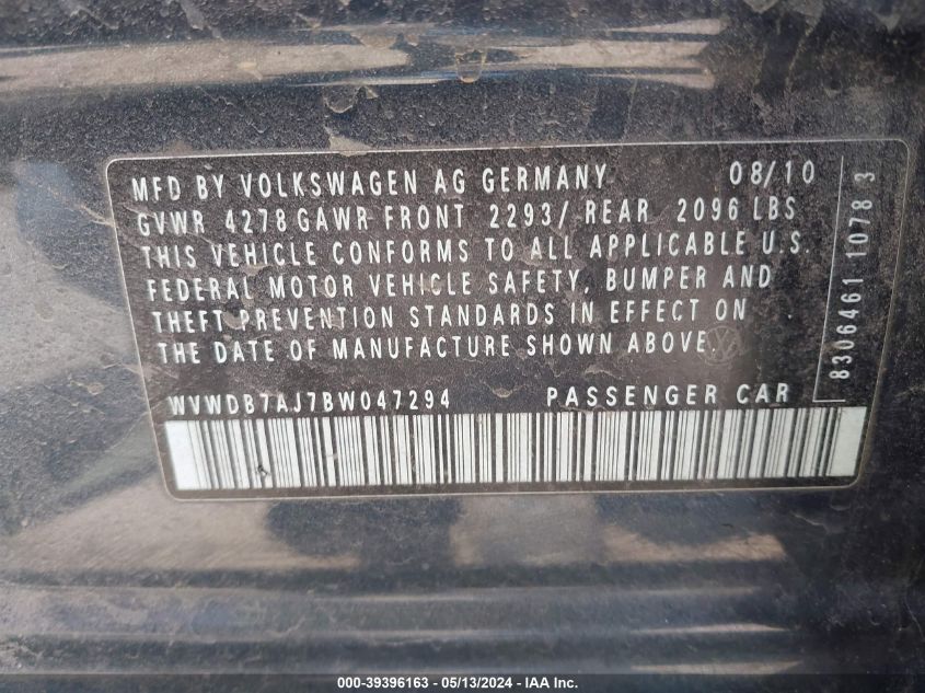 2011 Volkswagen Golf 2.5L 4-Door VIN: WVWDB7AJ7BW047294 Lot: 39396163