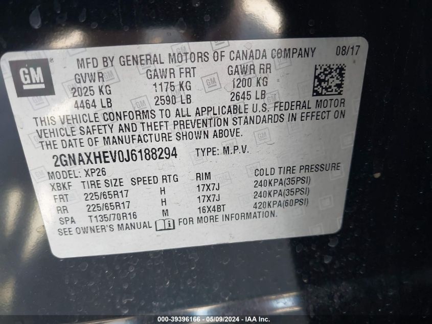 2018 Chevrolet Equinox Ls VIN: 2GNAXHEV0J6188294 Lot: 39396166