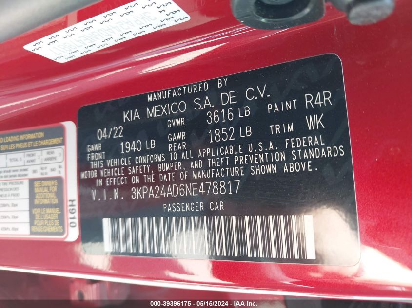 2022 Kia Rio S VIN: 3KPA24AD6NE478817 Lot: 39396175