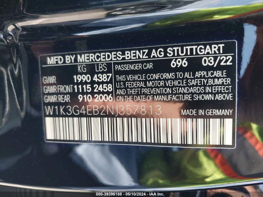 2022 Mercedes-Benz A 220 VIN: W1K3G4EB2NJ357813 Lot: 39396188