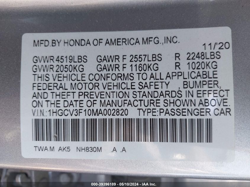 2021 Honda Accord Hybrid VIN: 1HGCV3F10MA002820 Lot: 39396189