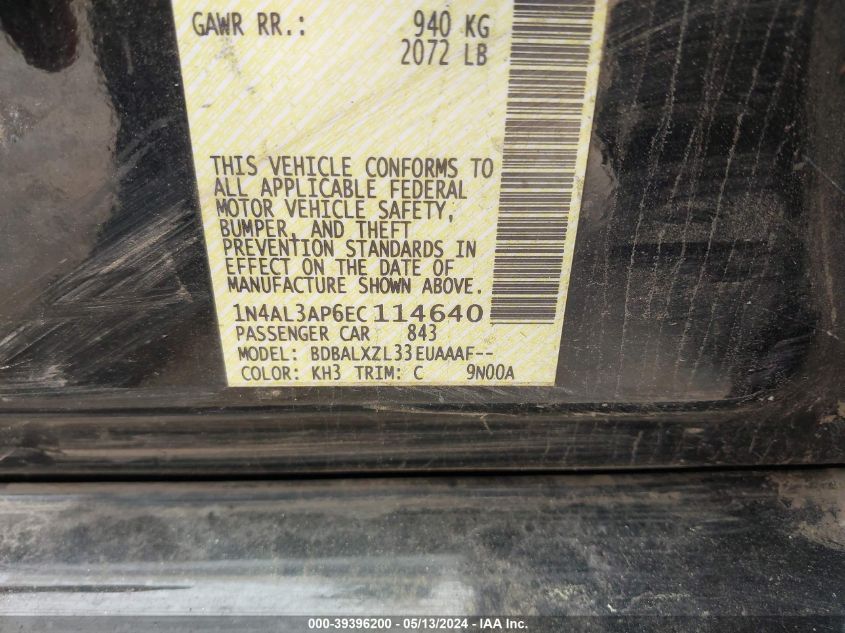 2014 Nissan Altima 2.5 Sl VIN: 1N4AL3AP6EC114640 Lot: 39396200