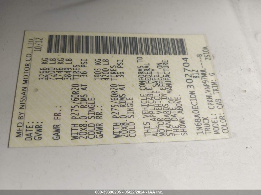 2013 Nissan Titan Sl VIN: 1N6BA0EC1DN302704 Lot: 39396205