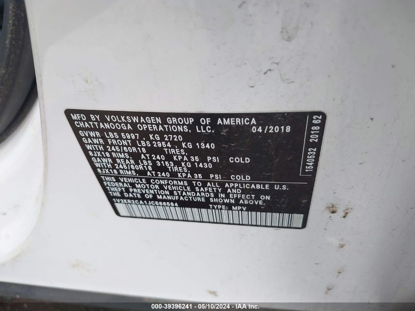 1V2KR2CA1JC566584 2018 Volkswagen Atlas 3.6L V6 Se