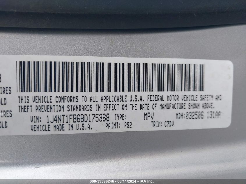 2011 Jeep Compass VIN: 1J4NT1FB6BD175368 Lot: 39396246