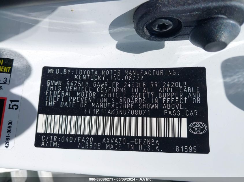 2022 Toyota Camry Le VIN: 4T1R11AK3NU708071 Lot: 39396271