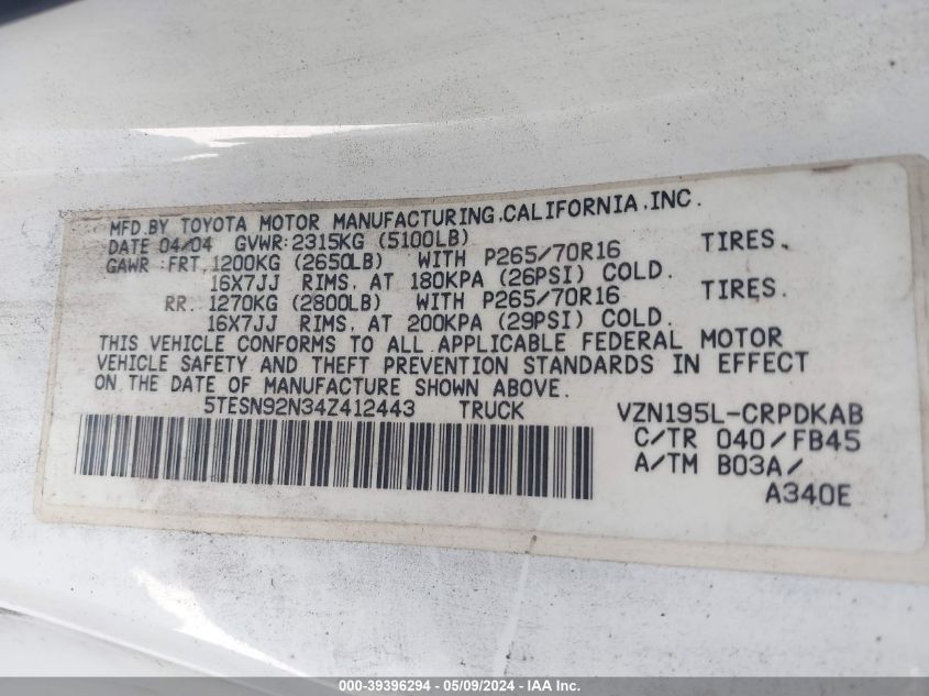 2004 Toyota Tacoma Prerunner V6 VIN: 5TESN92N34Z412443 Lot: 39396294