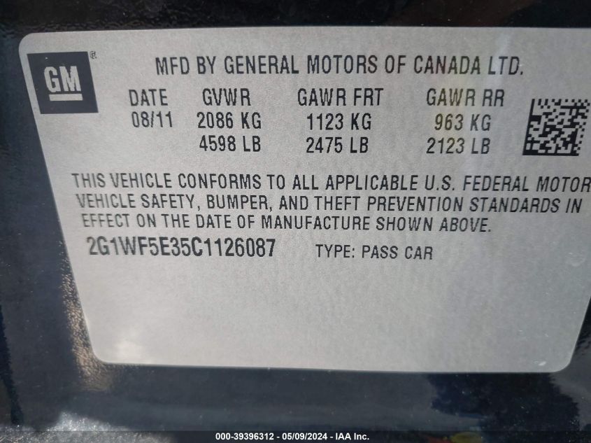 2012 Chevrolet Impala Ls VIN: 2G1WF5E35C1126087 Lot: 39396312