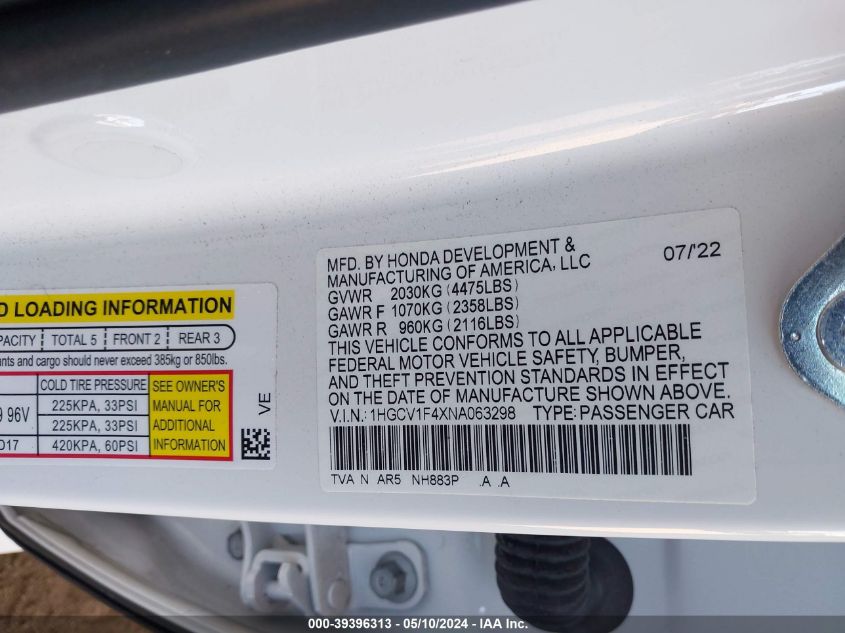 2022 Honda Accord Sport Special Edition VIN: 1HGCV1F4XNA063298 Lot: 39396313