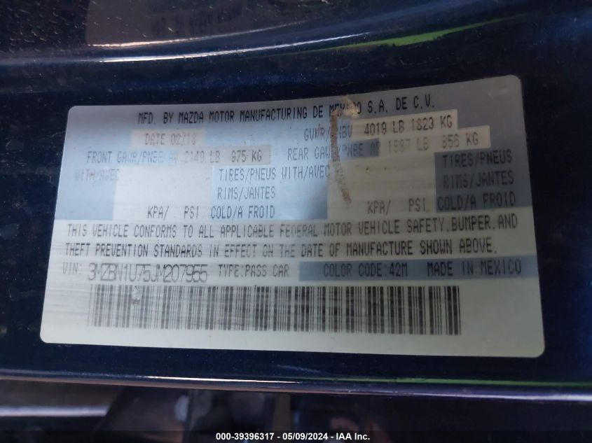 2018 Mazda Mazda3 Sport VIN: 3MZBN1U75JM207955 Lot: 39396317