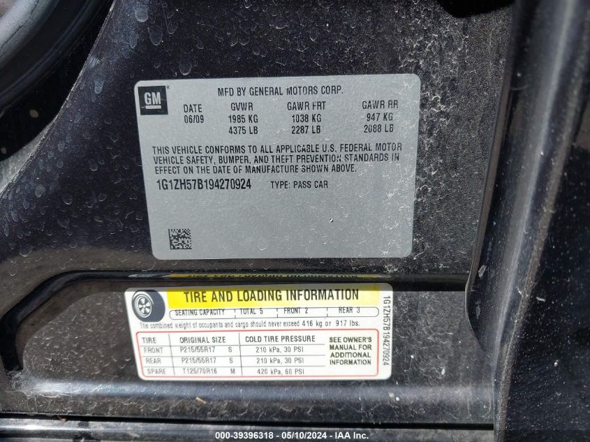 2009 Chevrolet Malibu Lt VIN: 1G1ZH57B194270924 Lot: 39396318