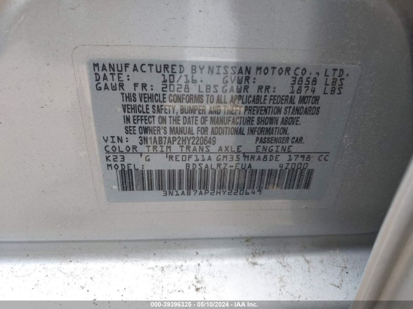 2017 Nissan Sentra Sr VIN: 3N1AB7AP2HY220649 Lot: 39396325