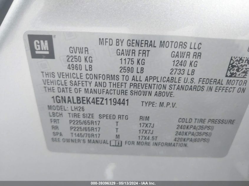 2014 Chevrolet Equinox 1Lt VIN: 1GNALBEK4EZ119441 Lot: 39396329