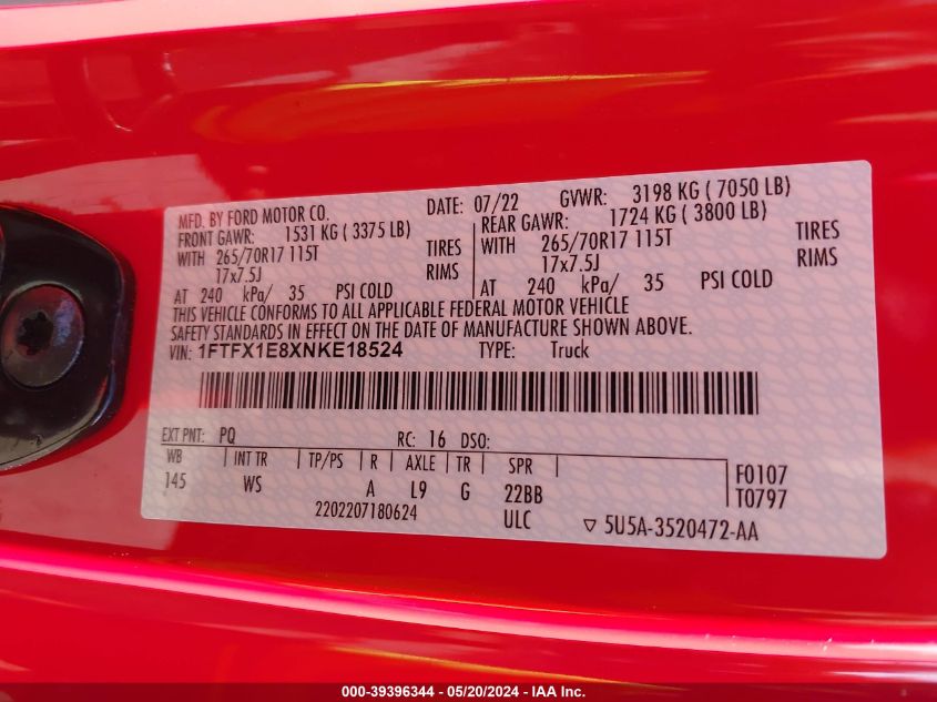 2022 Ford F-150 Xl VIN: 1FTFX1E8XNKE18524 Lot: 39396344