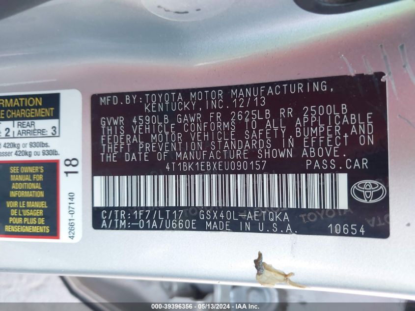 2014 Toyota Avalon Xle Touring VIN: 4T1BK1EBXEU090157 Lot: 39396356