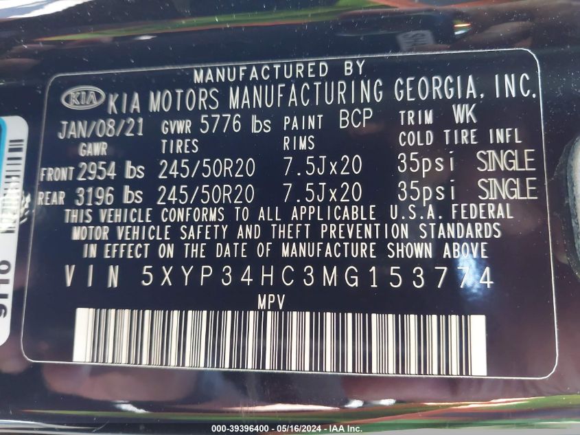 2021 Kia Telluride Ex VIN: 5XYP34HC3MG153774 Lot: 39396400