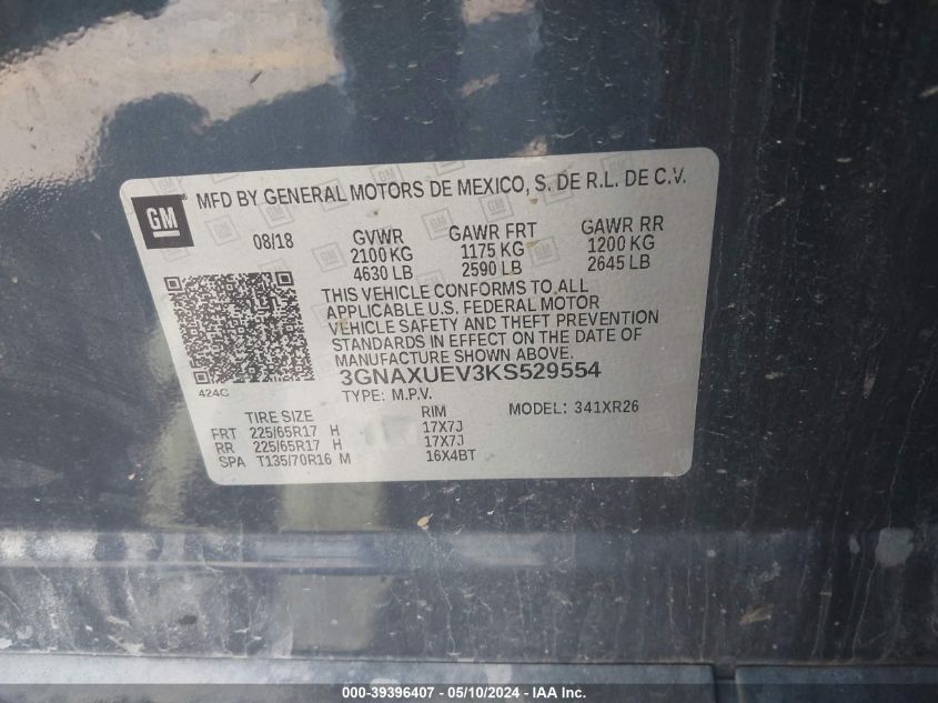 2019 Chevrolet Equinox Lt VIN: 3GNAXUEV3KS529554 Lot: 39396407