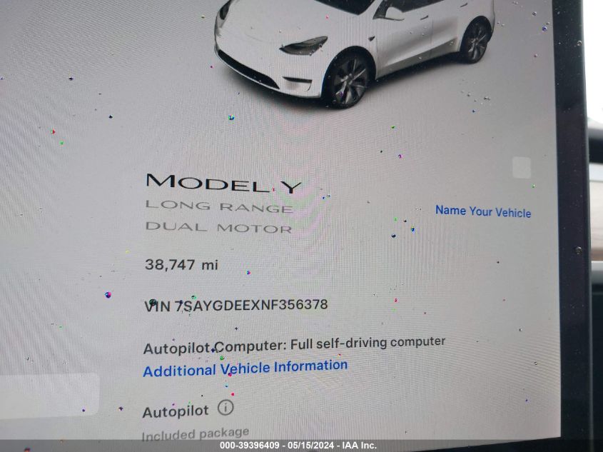 2022 Tesla Model Y Long Range Dual Motor All-Wheel Drive VIN: 7SAYGDEEXNF356378 Lot: 39396409