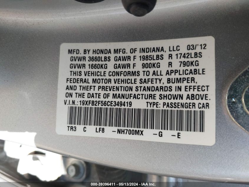 2012 Honda Civic Lx VIN: 19XFB2F56CE349419 Lot: 39396411