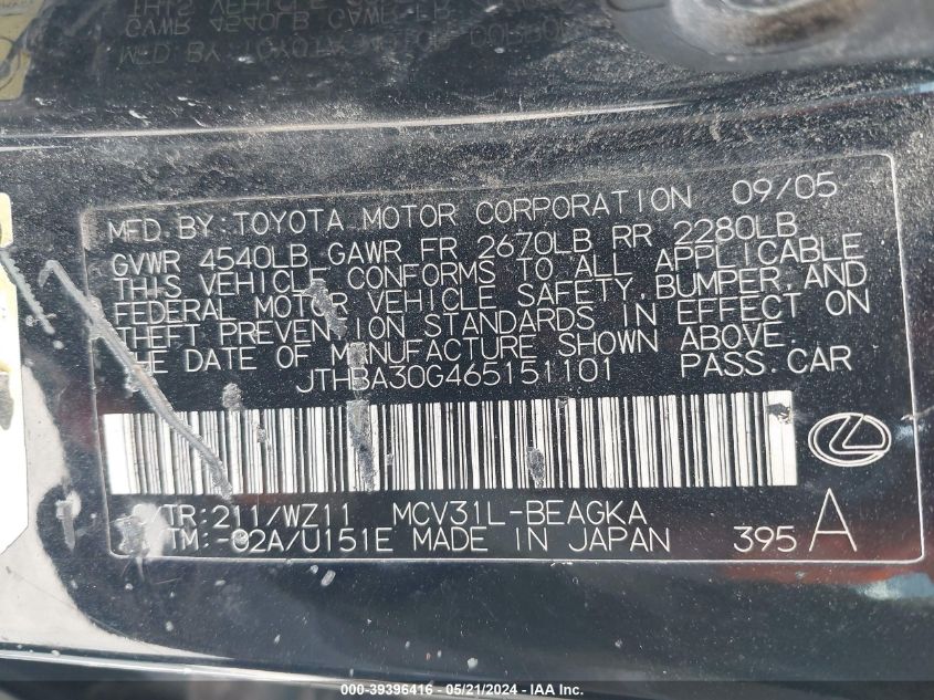 2006 Lexus Es 330 VIN: JTHBA30G465151101 Lot: 39396416