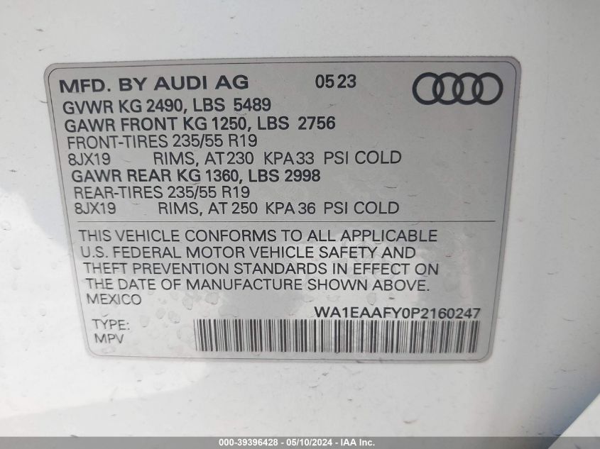 2023 Audi Q5 Premium Plus 45 Tfsi S Line Quattro VIN: WA1EAAFY0P2160247 Lot: 39396428