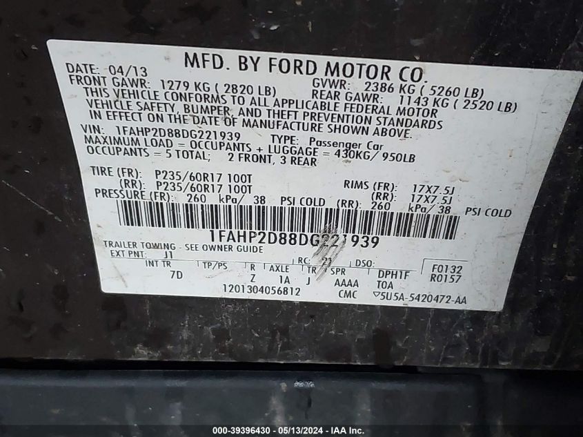 1FAHP2D88DG221939 2013 Ford Taurus Se