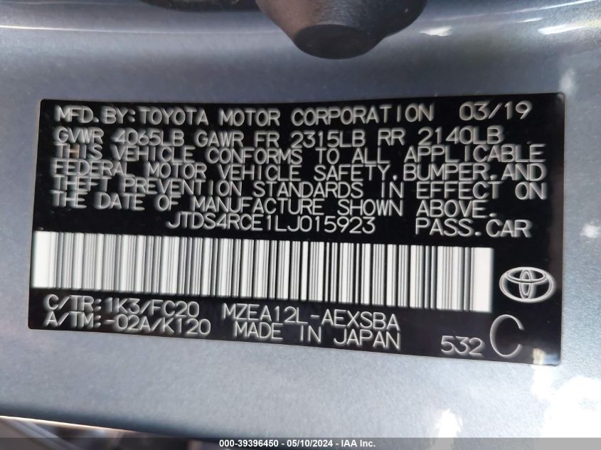 2020 Toyota Corolla Se VIN: JTDS4RCE1LJ015923 Lot: 39396450