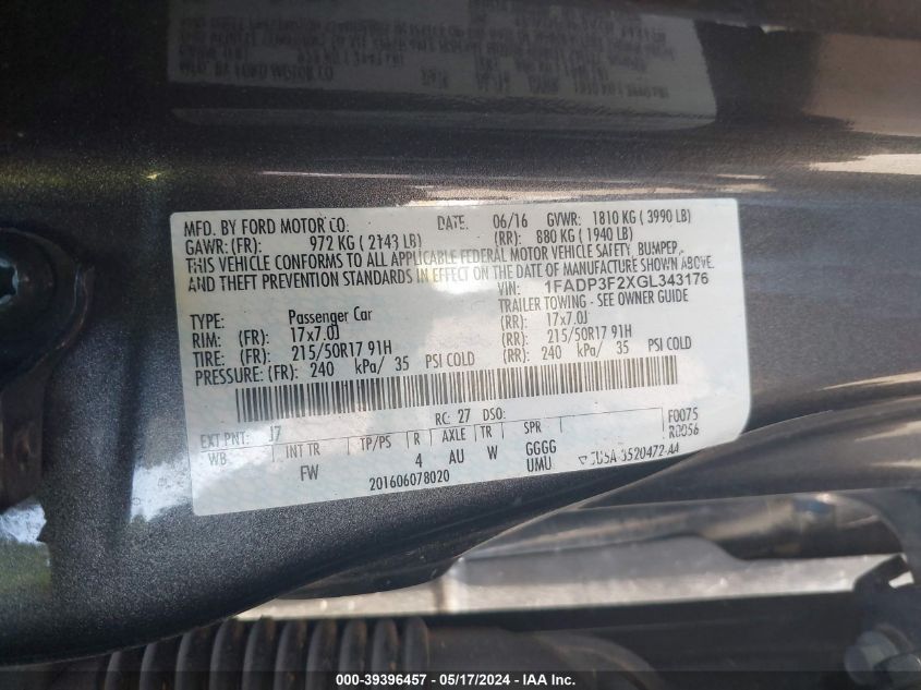 2016 Ford Focus Se VIN: 1FADP3F2XGL343176 Lot: 39396457