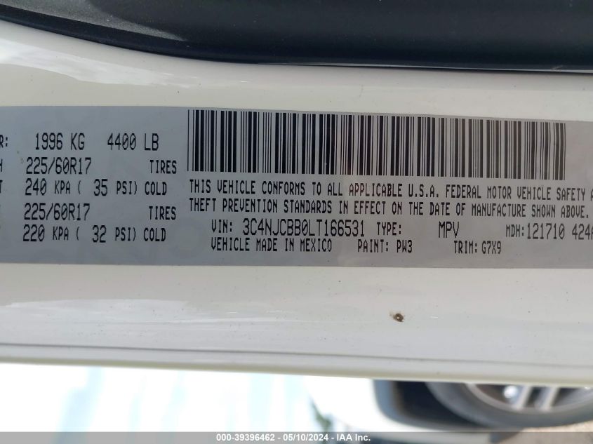 2020 Jeep Compass Sun And Wheel Fwd VIN: 3C4NJCBB0LT166531 Lot: 39396462