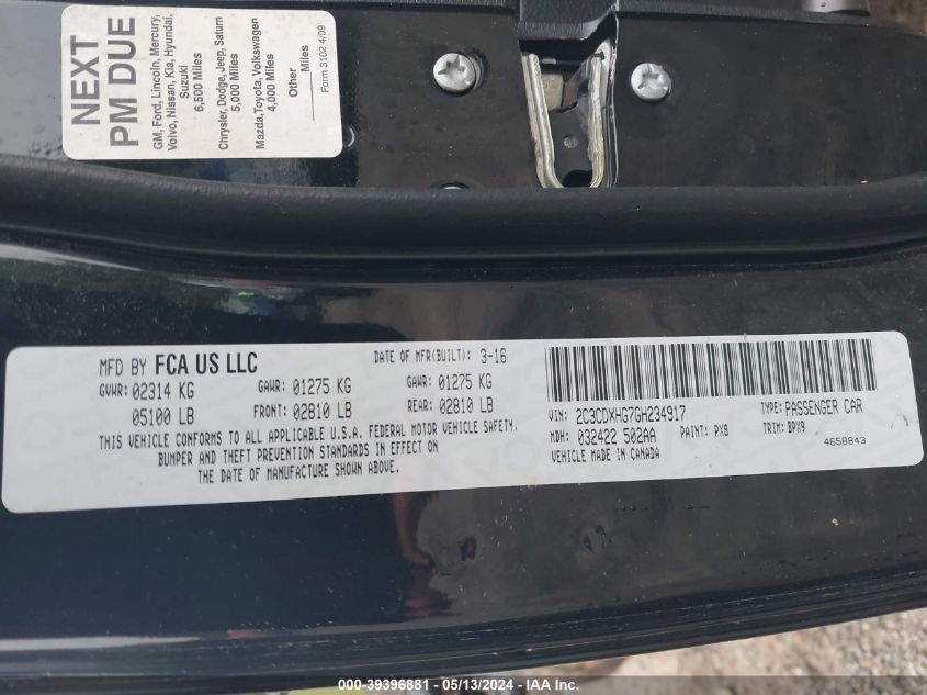 2016 Dodge Charger Sxt VIN: 2C3CDXHG7GH234917 Lot: 39396881