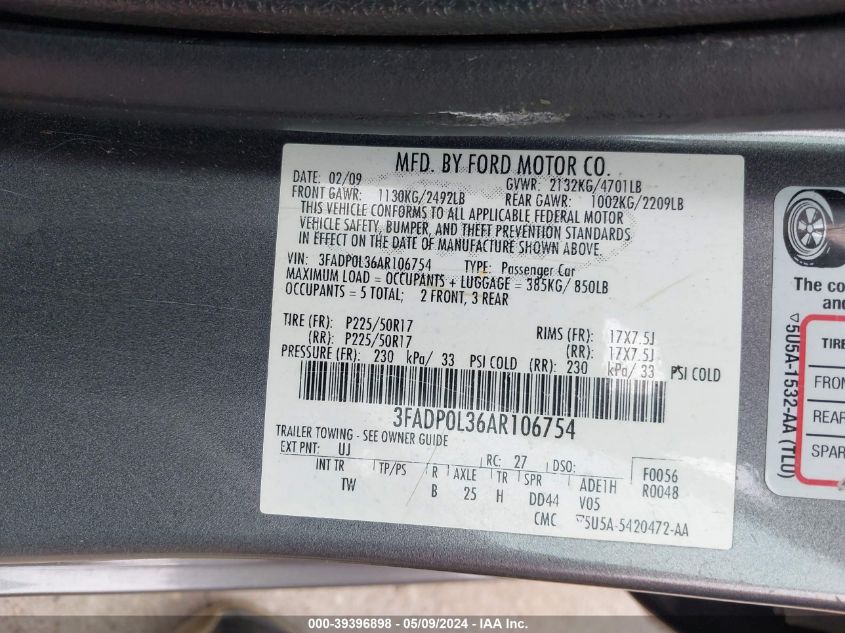 2010 Ford Fusion Hybrid VIN: 3FADP0L36AR106754 Lot: 39396898