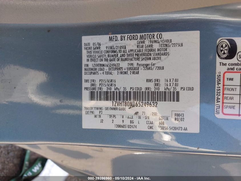 2006 Ford Mustang V6 VIN: 1ZVHT80N165249632 Lot: 39396960