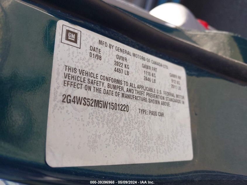 1998 Buick Century Custom Cmi VIN: 2G4WS52M5W1501220 Lot: 39396968