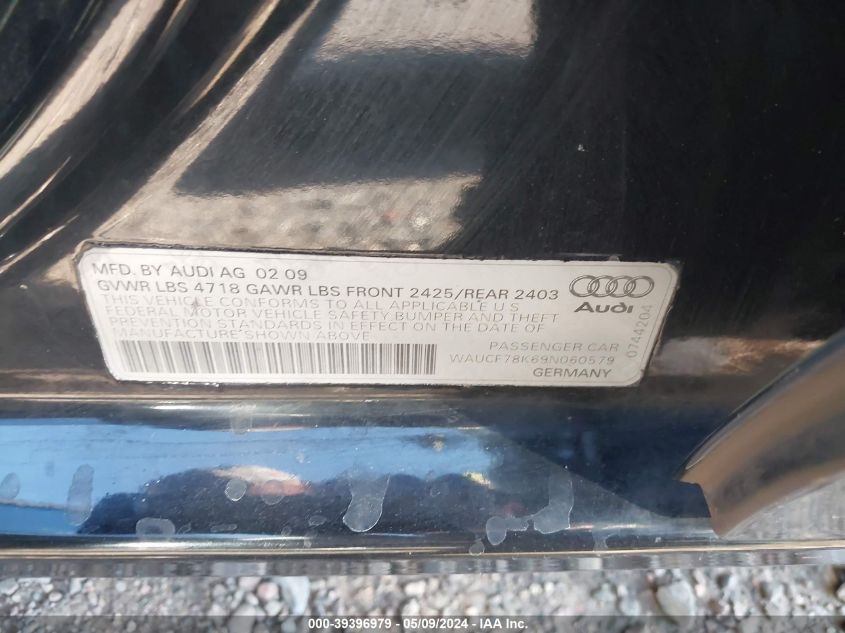 2009 Audi A4 2.0T Premium VIN: WAUCF78K69N060579 Lot: 39396979