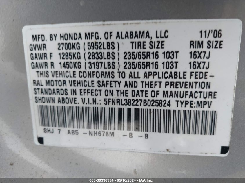2007 Honda Odyssey Lx VIN: 5FNRL38227B025824 Lot: 39396994