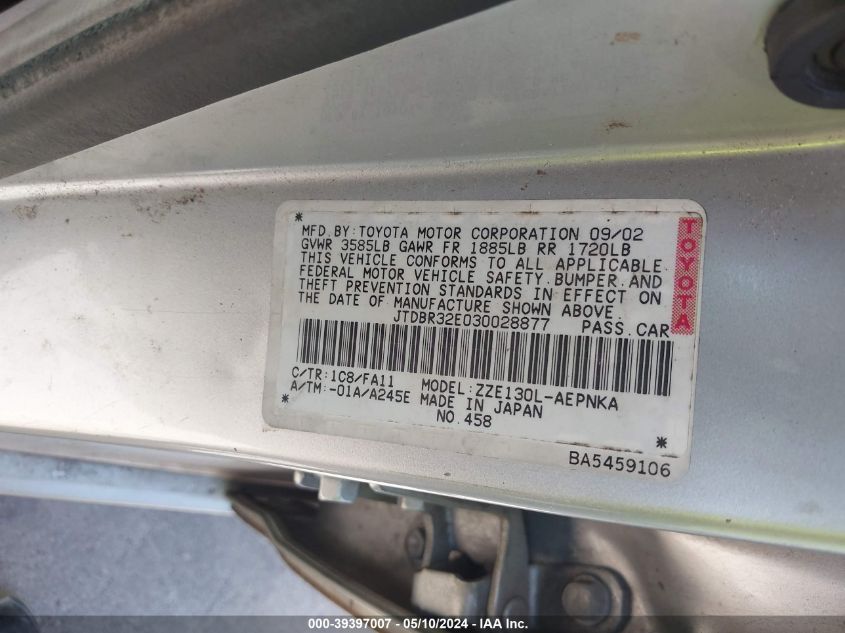 2003 Toyota Corolla Le VIN: JTDBR32E030028877 Lot: 39397007