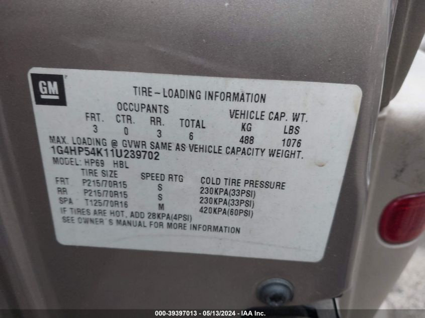 2001 Buick Lesabre Custom VIN: 1G4HP54K11U239702 Lot: 39397013