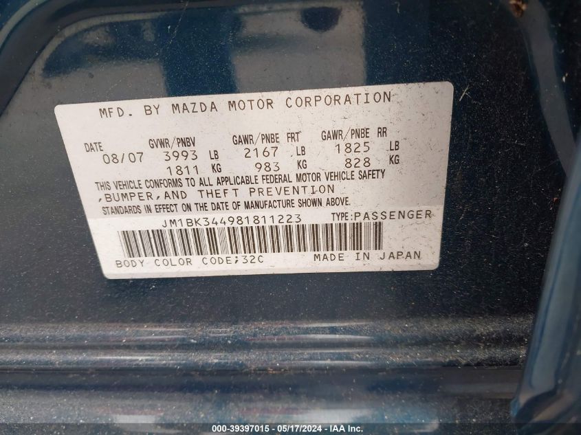2008 Mazda Mazda3 S Sport VIN: JM1BK344981811223 Lot: 39397015