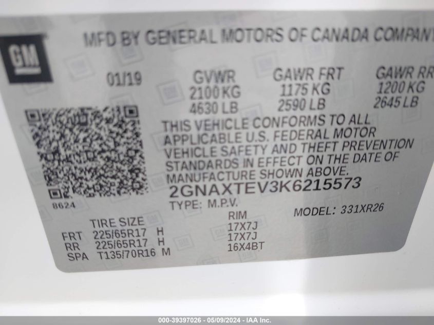 2019 Chevrolet Equinox Lt VIN: 2GNAXTEV3K6215573 Lot: 39397026