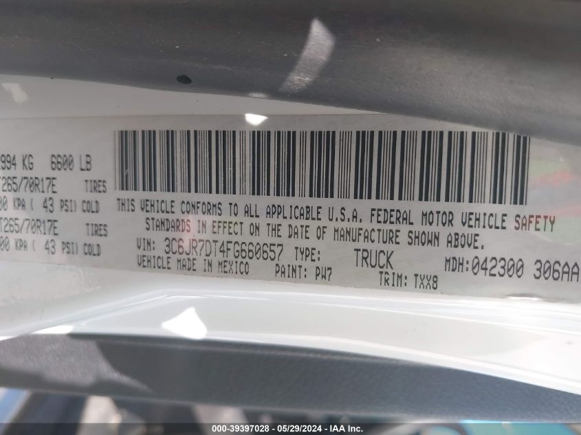 2015 Ram 1500 Tradesman VIN: 3C6JR7DT4FG660657 Lot: 39397028