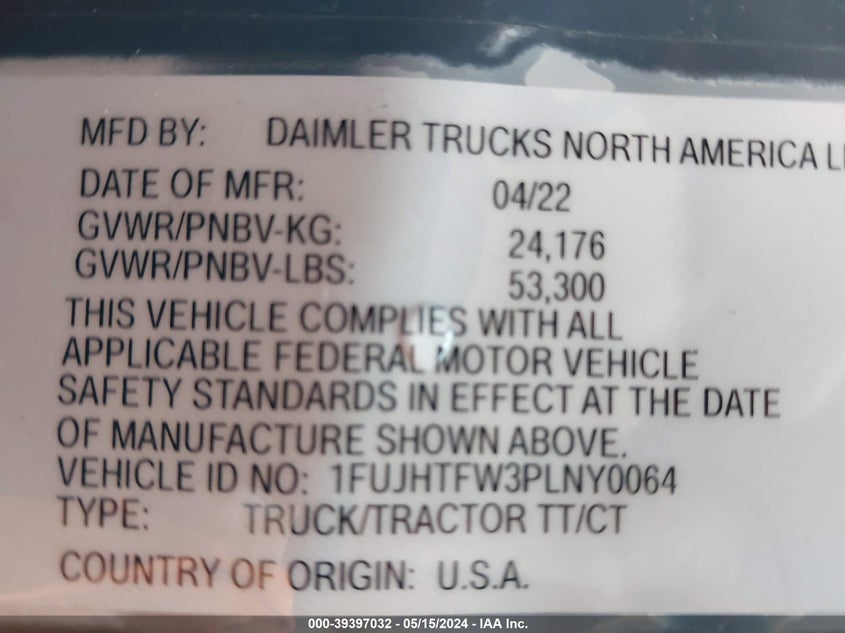 2023 FREIGHTLINER NEW CASCADIA 116 (VIN: 1FUJHTFW3PLNY0064